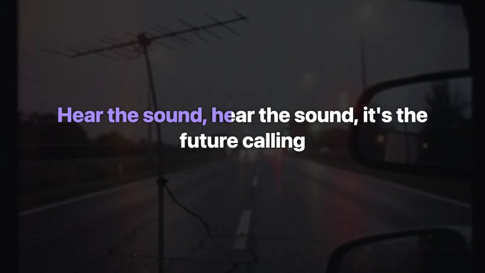 Karaoke-style lyric video frame: the words already sung in purple, the rest in white, over dark cover art