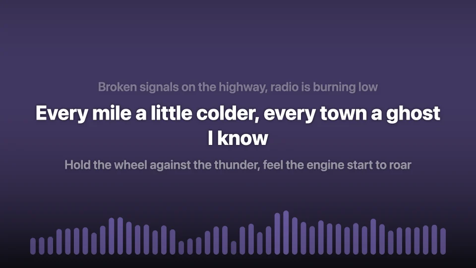 Lyric video frame showing the previous, current and next lyric lines above a moving audio spectrum