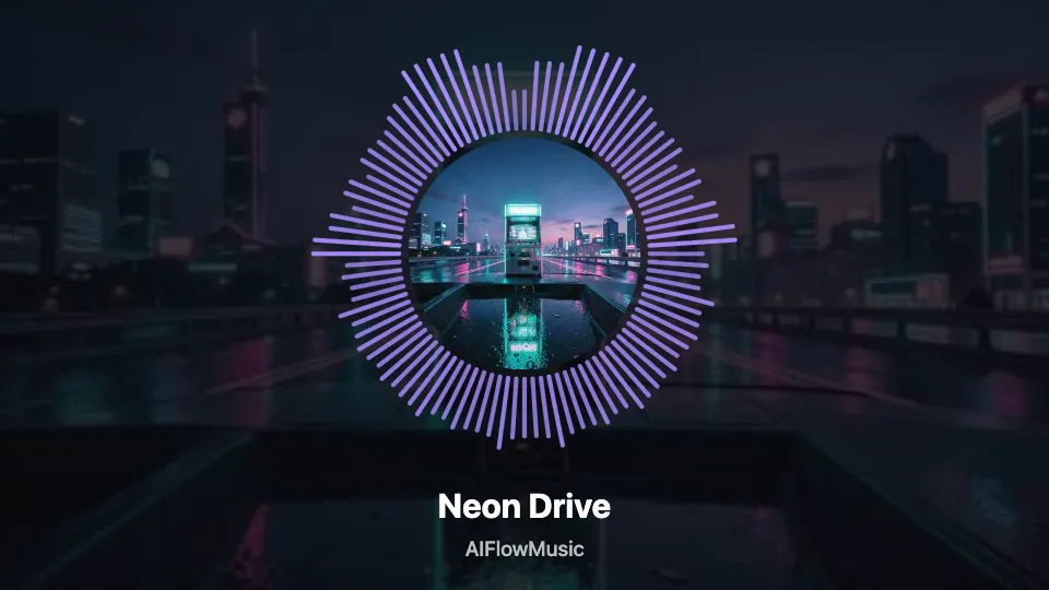 Circle spectrum music visualizer: bars around the album cover of Neon Drive, 16:9